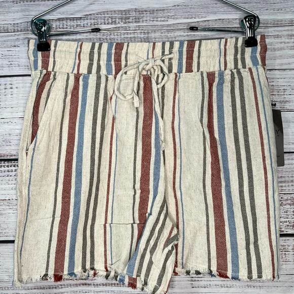 Royalty For Me Linen Blend Striped Shorts Medium Raw Frayed Hem NEW - Picture 1 of 8